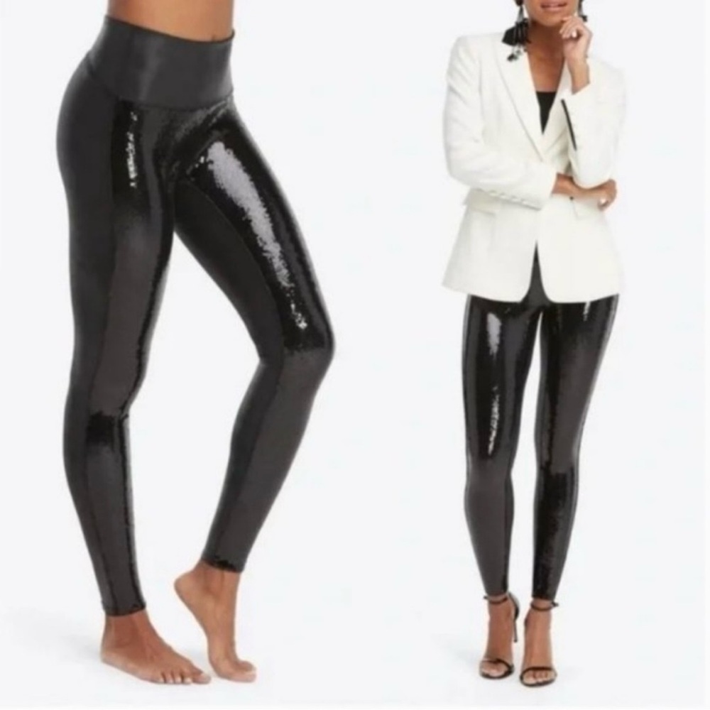 SPANX Sequined Faux-Leather Black Leggings Size Small